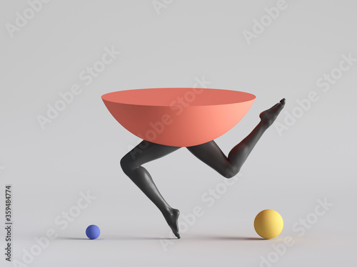 d render, abstract minimal surreal design, funny contemporary art. Colorful geometric shapes, red hemisphere with black human model legs dance. Balance concept