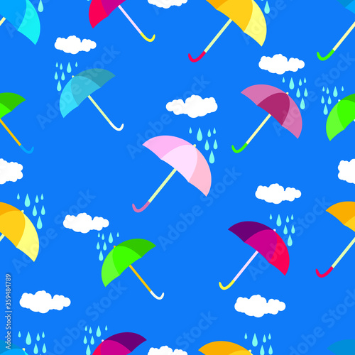 seamless pattern with cute umbrella and rain clouds. Vector Illustration
