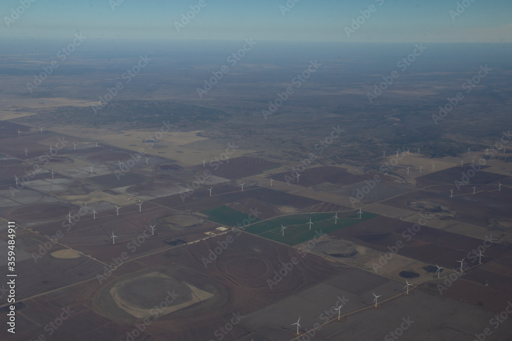 Aerial view of wind farm over the state of Texas