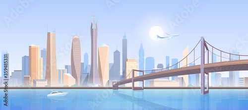 City bridge landscape vector illustration. Cartoon flat modern futuristic metropolis concept, downtown cityscape with high buildings construction skyscrapers, bridge infrastructure, flying air plane