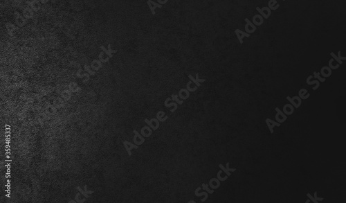 Dark black soft concrete texture wall with stain background. black gradient background from right to left of image. 