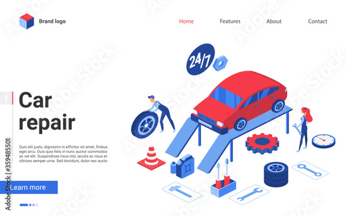Isometric car repair service vector illustration. Cartoon creative banner design for website with 3d people working in auto garage autoservice center, repairman character repairing automobile vehicle