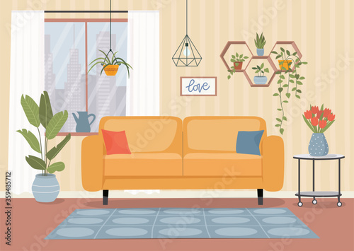 Furniture: sofa, window, table and plants. Living room interior.Flat style vector illustration