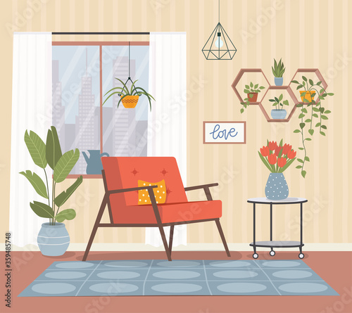 Comfortable chair, window and house plants. Vector flat style illustration