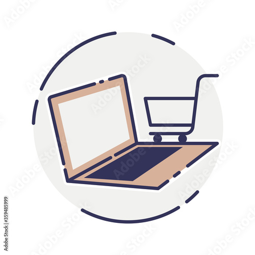 vector laptop computer online shop. Laptop and cart, online marketing elements. shopping from home. Illustration E-commerce Shopping Symbols.