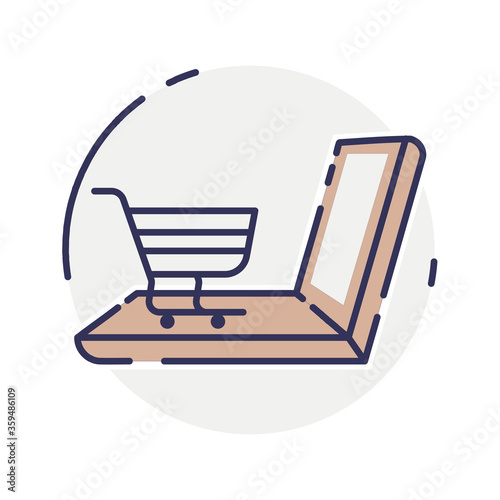 vector laptop computer online shop. Laptop and cart, online marketing elements. shopping from home. Illustration E-commerce Shopping Symbols.