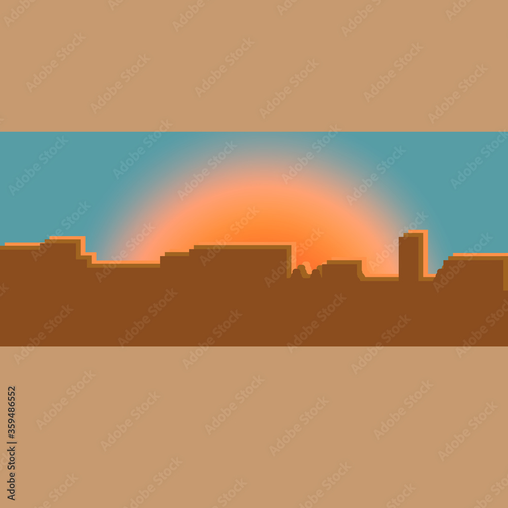 
abstract city landscape in silhouette, orange and brown color, sunset, background