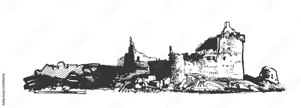 Vector old castle illustration. Sketches of ancient towers. Hand drawing illustration.