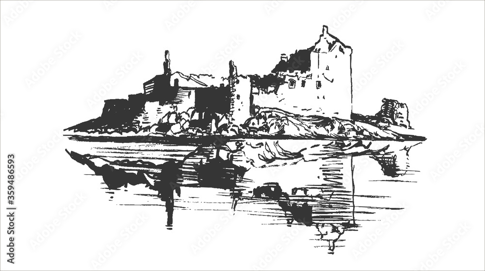 Vector old castle illustration. Sketches of ancient towers. Hand drawing illustration.