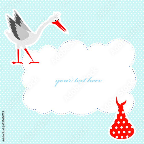 Cute baby announcement card. Vector illustration of a Happy Birthday Invitation with stork.
