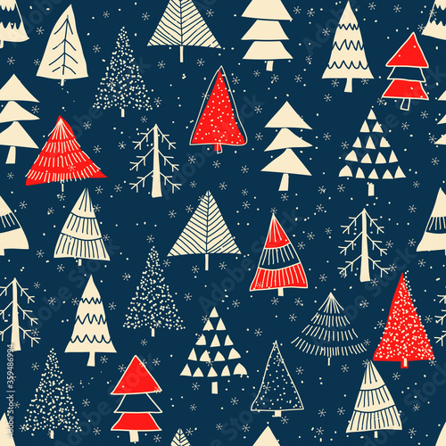 Christmas seamless pattern for greeting cards, wrapping papers. Hand drawn winter background from doodle Christmas trees, snowflakes, deers and dogs. Vector illustration.