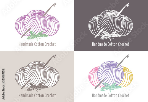 Cotton Crochet Logo. Rustic warm logotype for organic handmade gifts, knitting accessories, hobby studio, craft shop or artisans. Editable stroke