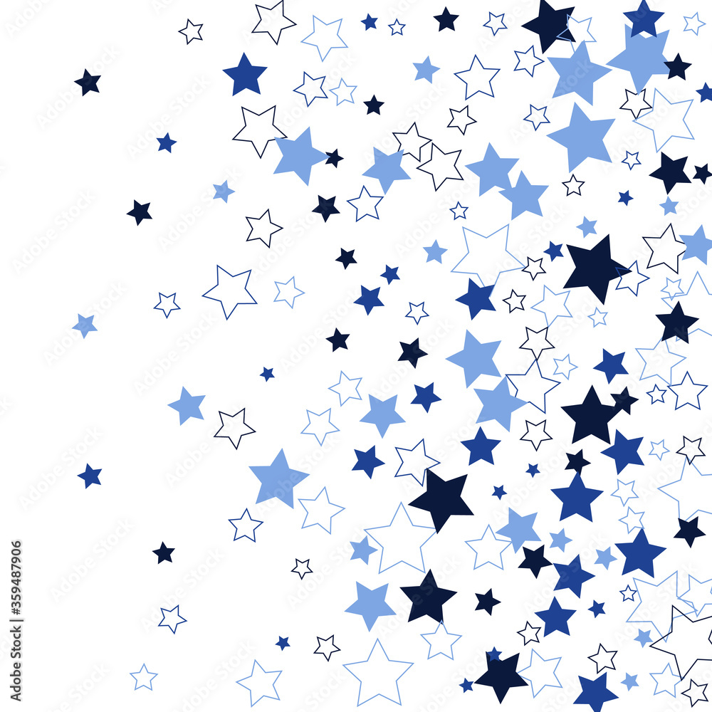 Confetti of shooting stars. Blue, shades of blue stars. Luxury holiday background. Abstract texture on a white background. Design element. Vector illustration, eps 10.