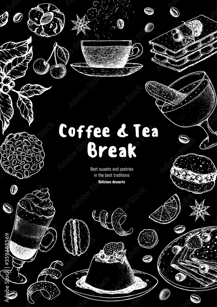 Coffee shop menu design. Hand drawn sketch illustration. Coffee, tea and desserts. Cafe menu