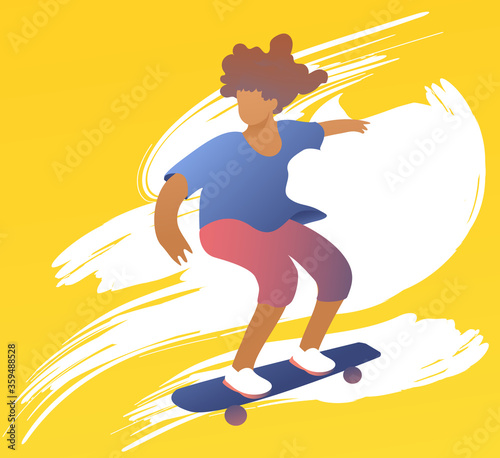 Hipster character with afro on a longboard in motion. Isolated illustration on a yellow and white background, speed skateboard.