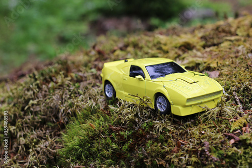  yellow toy car in the forest
