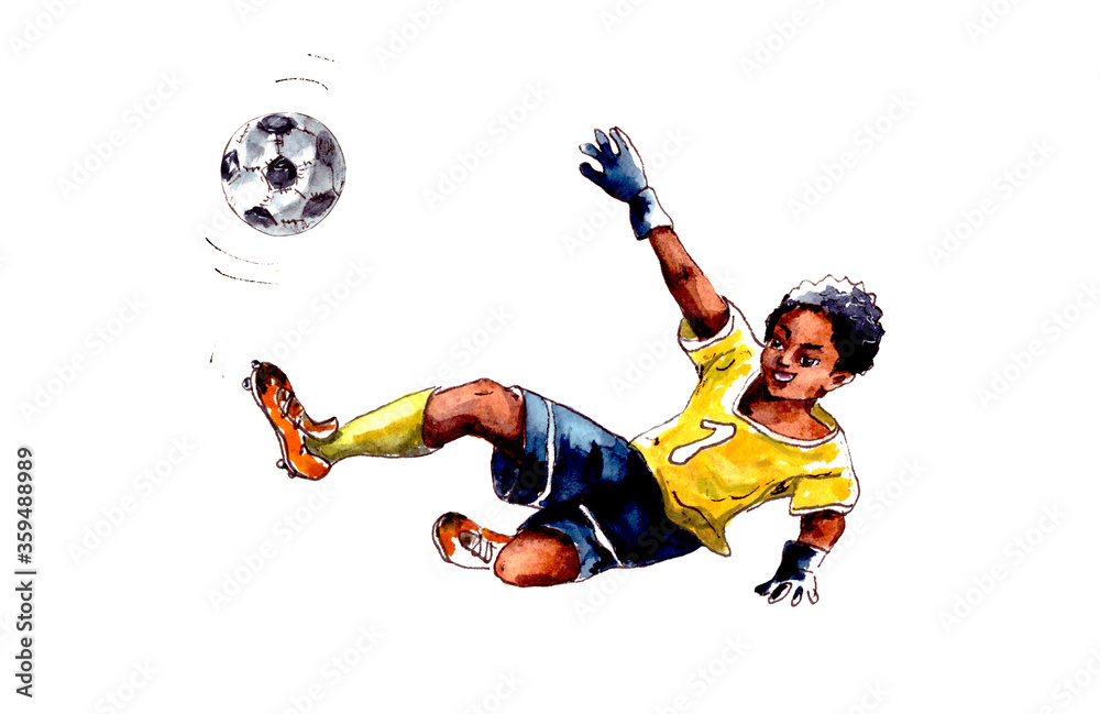 Fototapeta premium Hand-drawn watercolor illustration. Children's sports: football, a boy goalkeeper in a yellow football uniform catches the ball, reflects the blow. Isolated on a white background