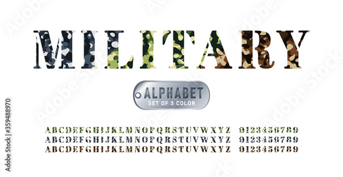 Set of military alphabets in 3 colors. Set of letter and numbers with camouflage background. Camouflage military stencil font isolated on white background. Vector illustration