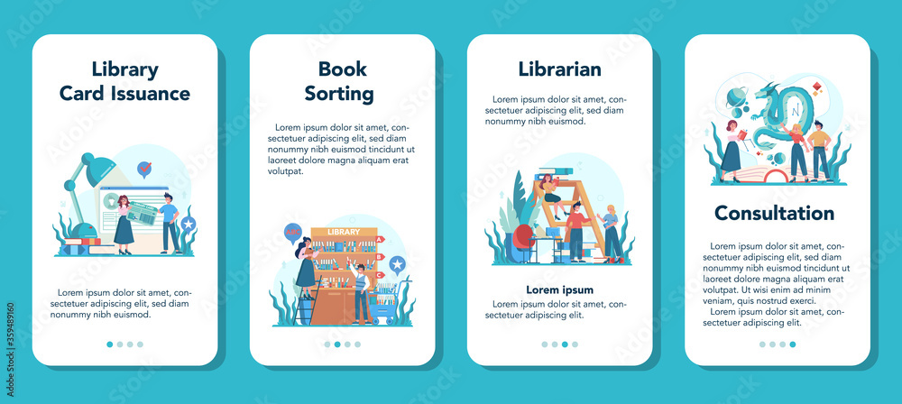 Librarian mobile application banner set. Library staff holding