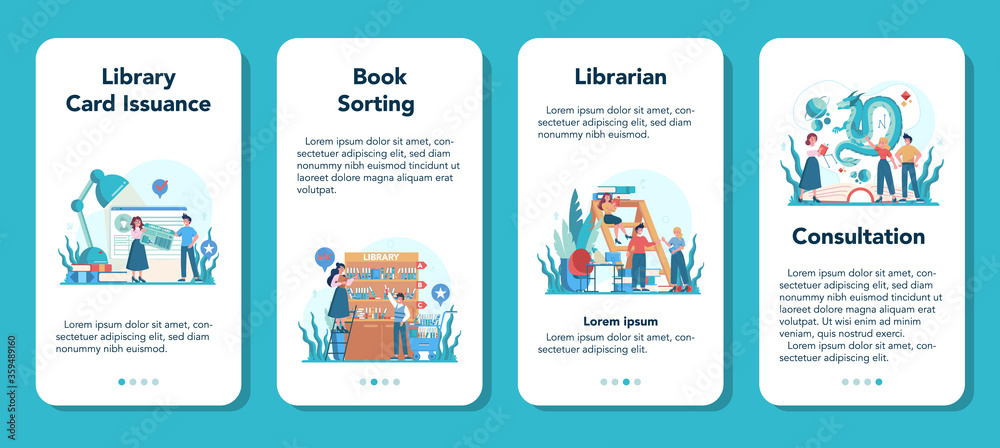 Librarian mobile application banner set. Library staff holding Librarian mobile application banner set. Library staff holding