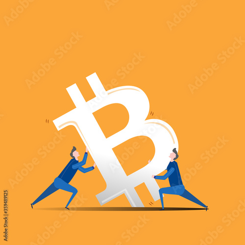 Illustration of a falling currency, and two men trying to stabilise it. Bitcoin black icon. Digital currency sign, blockchain based internet money, cryptocurrency symbol.