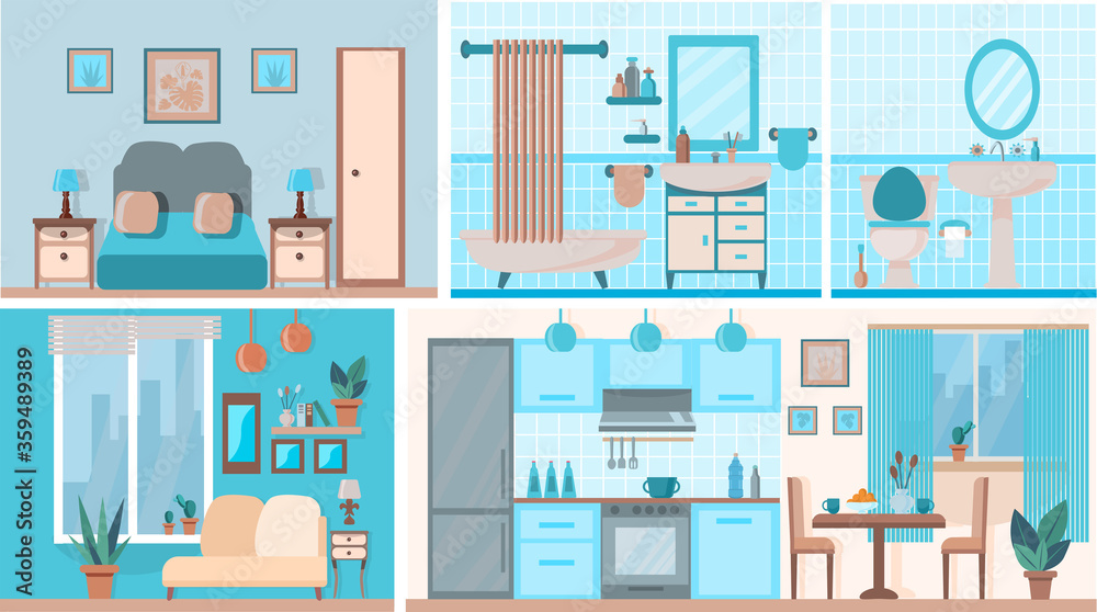 Apartment inside. Kitchen, living room, bedroom, bathroom. Detailed modern house interior. Rooms with furniture. Relaxing interior in blue colors.  Flat style vector illustration. Design template