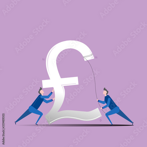 Illustration of a falling currency, and two men trying to stabilise it. Devaluation of sterling pounds during financial crisis.