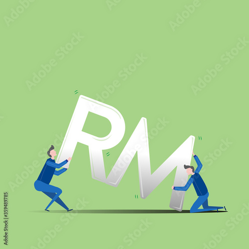 Illustration of a falling currency, and two men trying to stabilise it. The devaluation of Ringgit Malaysia sign during recession time.	