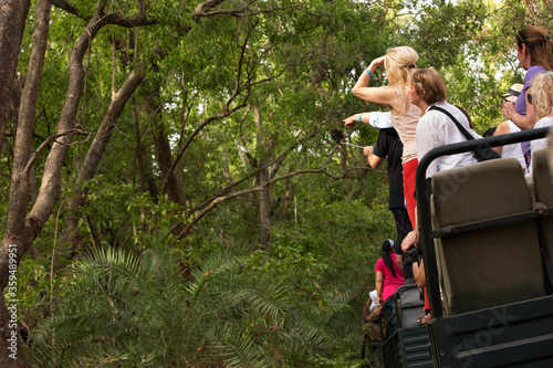 Photography Tourists on canter trying to have a glimpse of the tiger in the bushes at Rantha
