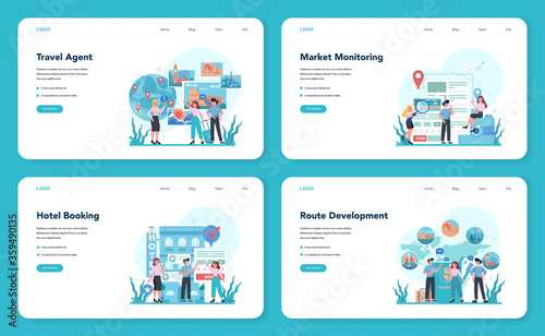 Travel agent web banner or landing page set. Office worker selling