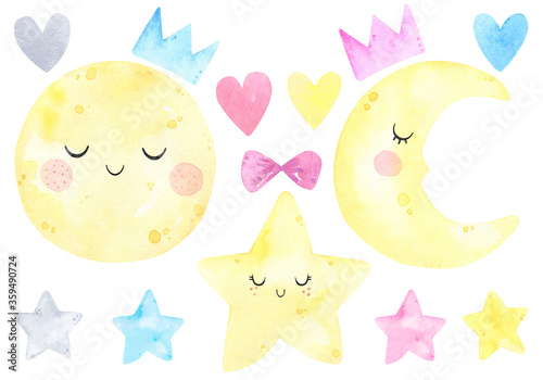Cute moon, hearts, stars, crown watercolor. Sleep, good night, sky, sweet dreams. Watercolor prints baby room, baby shower, greeting card. Hand drawn illustration. Nursery decor. Scandinavian 