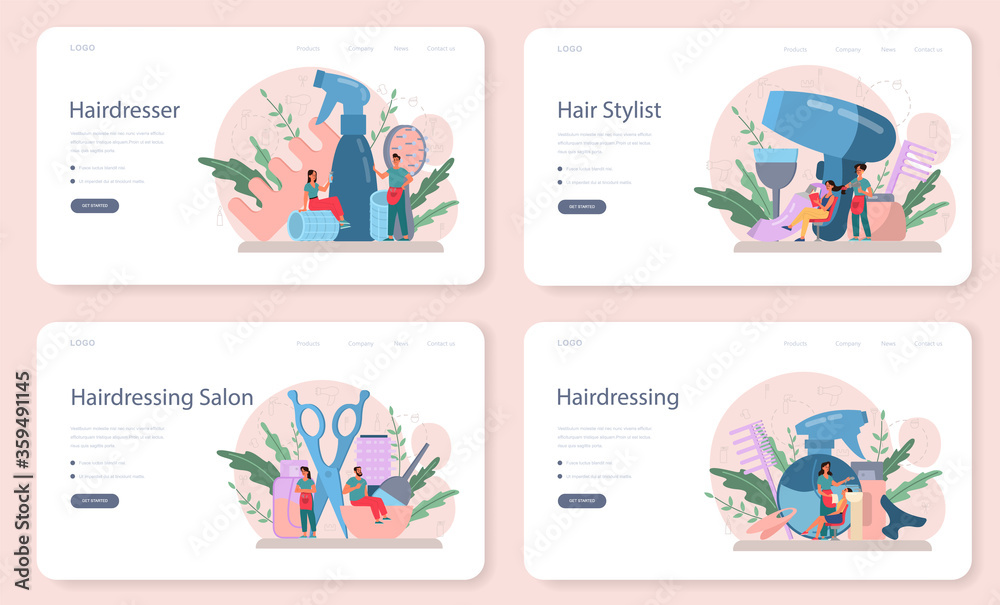 Hairdresser web banner or landing page set. Idea of hair care in salon. Hairdresser web banner or landing page set. Idea of hair care in salon.