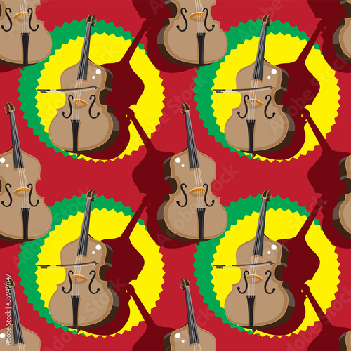 seamless double bass pattern with bow on red background. Vector image