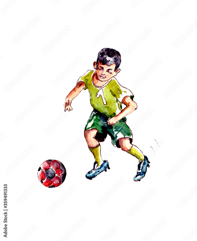 watercolor illustration of a boy in green uniform playing football with a ball. isolated on a white background