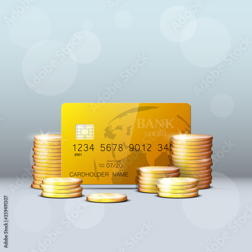 Credit card & gold coins banner. Banking hidden treasures icon. Finans riches icon. Plastic card software wealth badge. Debit card with electromagnetic chip. Privacy Electronic money funds transfer.