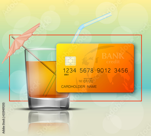Credit card & glass cold drink alcohol straw banner. Banking card bright soda & umbrella icon. Plastic card software glass of lemonade fruit juice. Debit card bar glass of cocktail fizzy water drink