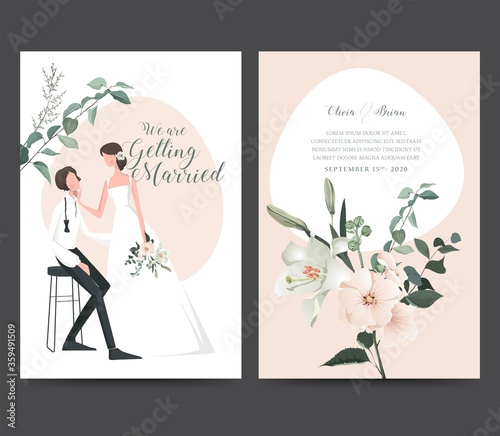 Wedding invitation design. Drawing bride and groom character, illustration, vector. Celebration, event, invitation, wedding dress, groom, romantic, pastel tones. Bridal flower bouquet, leave