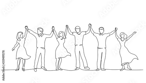 Happy couple holding hands up together One line drawing