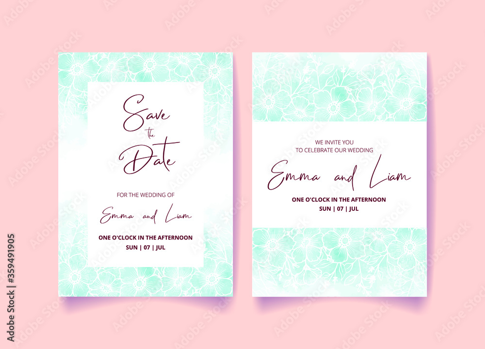 Wedding invitation card, save the date with watercolor background, flowers, leaves and branches.