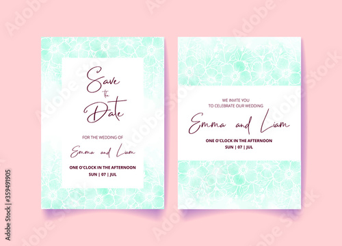 Wedding invitation card, save the date with watercolor background, flowers, leaves and branches.