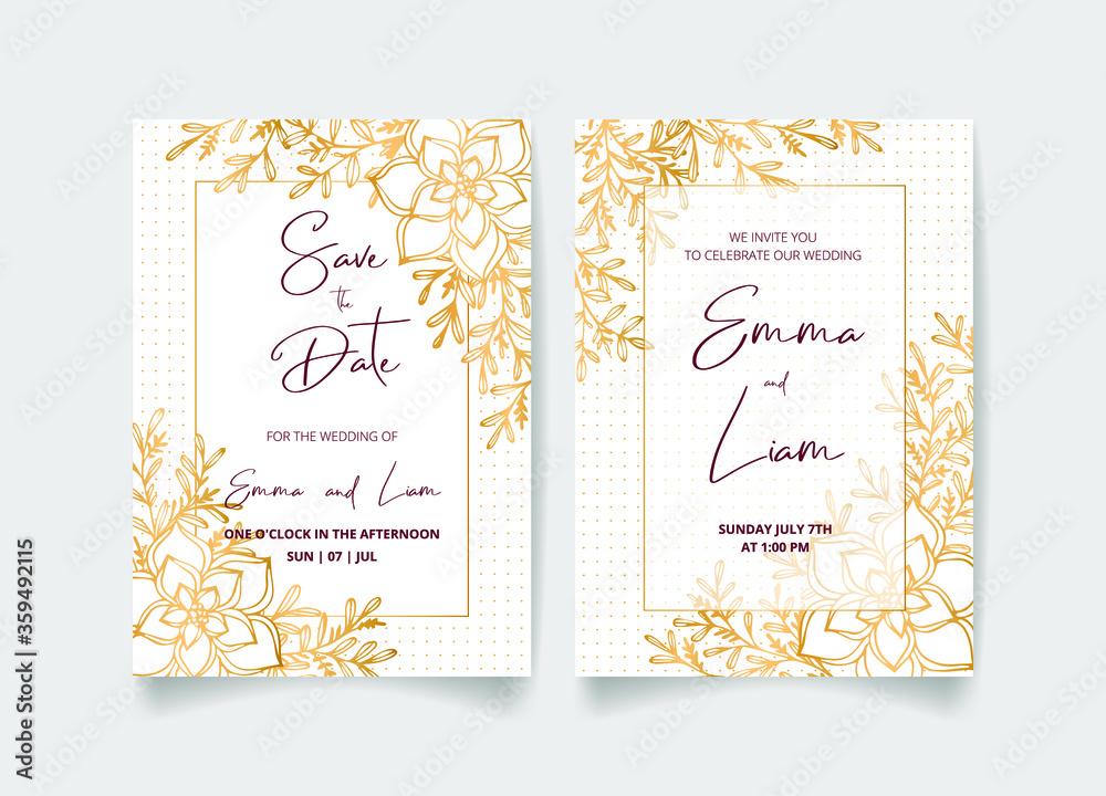 Obraz premium Wedding invitation card, save the date with golden flowers, leaves and branches.
