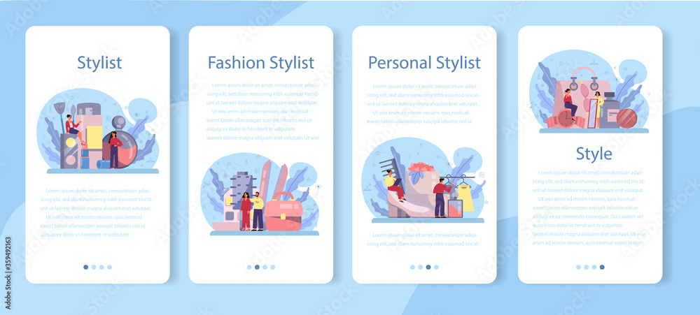 Fashion stylist mobile application banner set. Modern, creative job