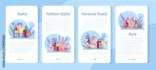 Fashion stylist mobile application banner set. Modern, creative job