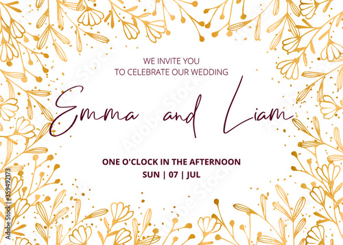Wedding invitation card, save the date with golden flowers, leaves and branches.