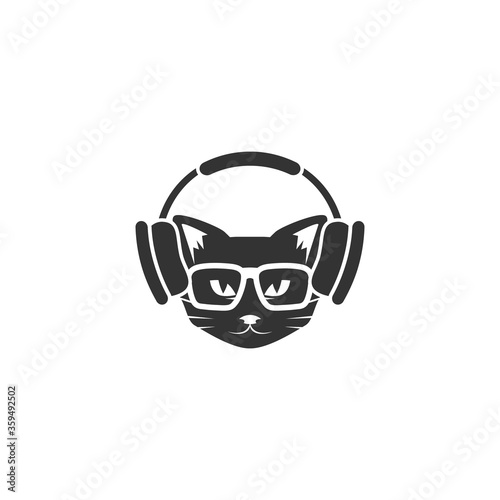 Black cat's head with headphones icon isolated on white. tough, cool tom cat.