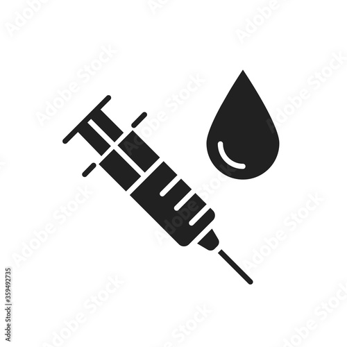 Syringe for injection vaccine with blood black glyph icon. Medical examination concept. Pictogram for web, mobile app, promo. UI UX design element