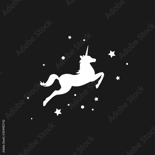 White silhouette of graceful unicorn and stars.