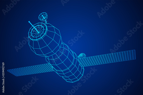 Space station communications satellite. Wireframe low poly mesh vector illustration.