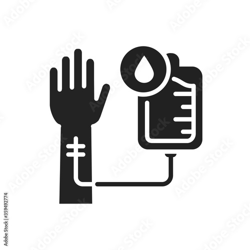 Blood transfusion black glyph icon. Donation, charity concept. Pictogram for web, mobile app, promo. UI UX design element.
