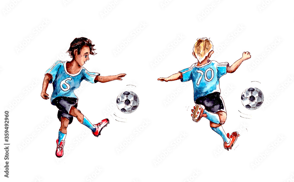 watercolor illustration of two boys in blue uniforms playing soccer with a white ball.isolated on a white background